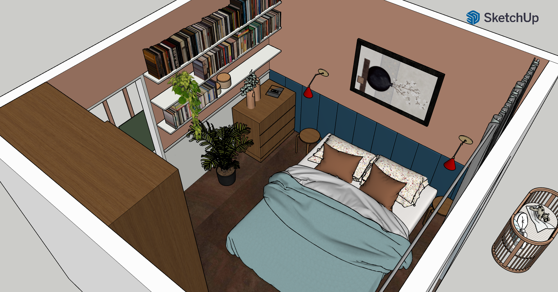 A cozy bedroom with a bed that has a blue headboard, brown pillows, and floral sheets, flanked by two red wall-mounted reading lamps. There are several potted plants, a wooden dresser topped with decor, and wall-mounted bookshelves filled with books.
