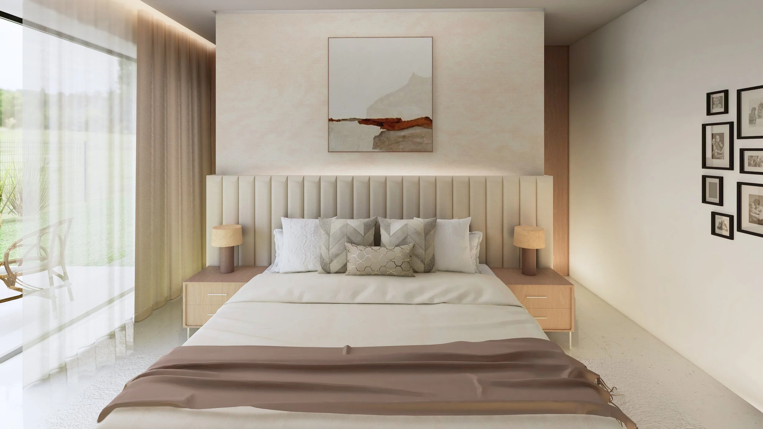 Modern bedroom with a large bed, plush pillows, nightstands with lamps, an abstract painting above the bed, and a gallery wall on the right wall, with natural light coming through sheer curtains.