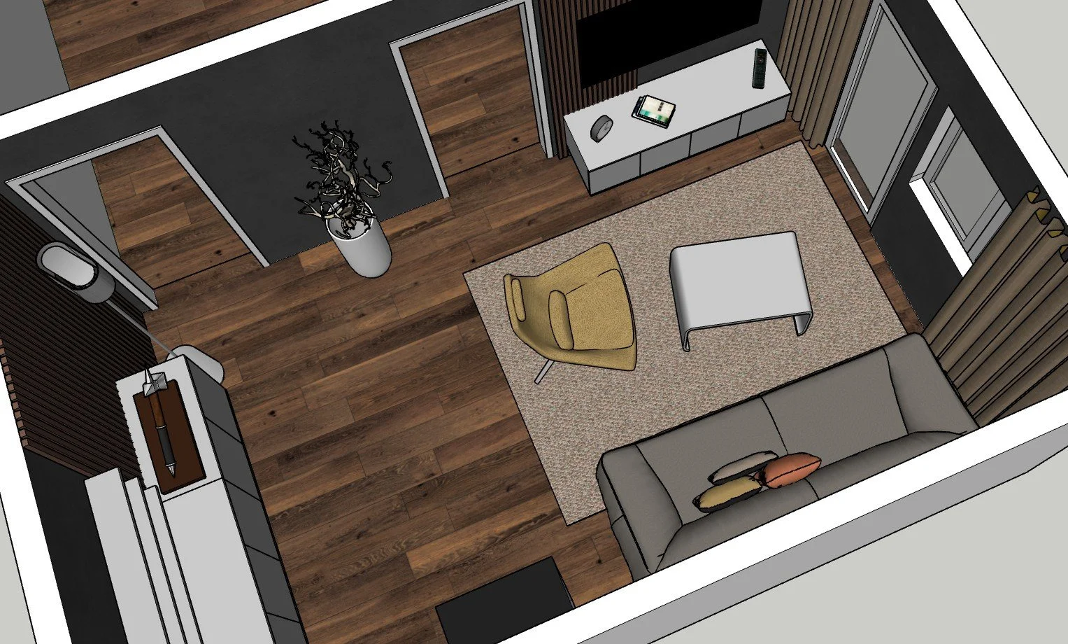 A top-down view of a modern living room with wooden floors, a gray sofa with pillows, a beige armchair, a small rectangular coffee table, a textured beige rug, a white media console with electronic devices, and a large window with curtains.