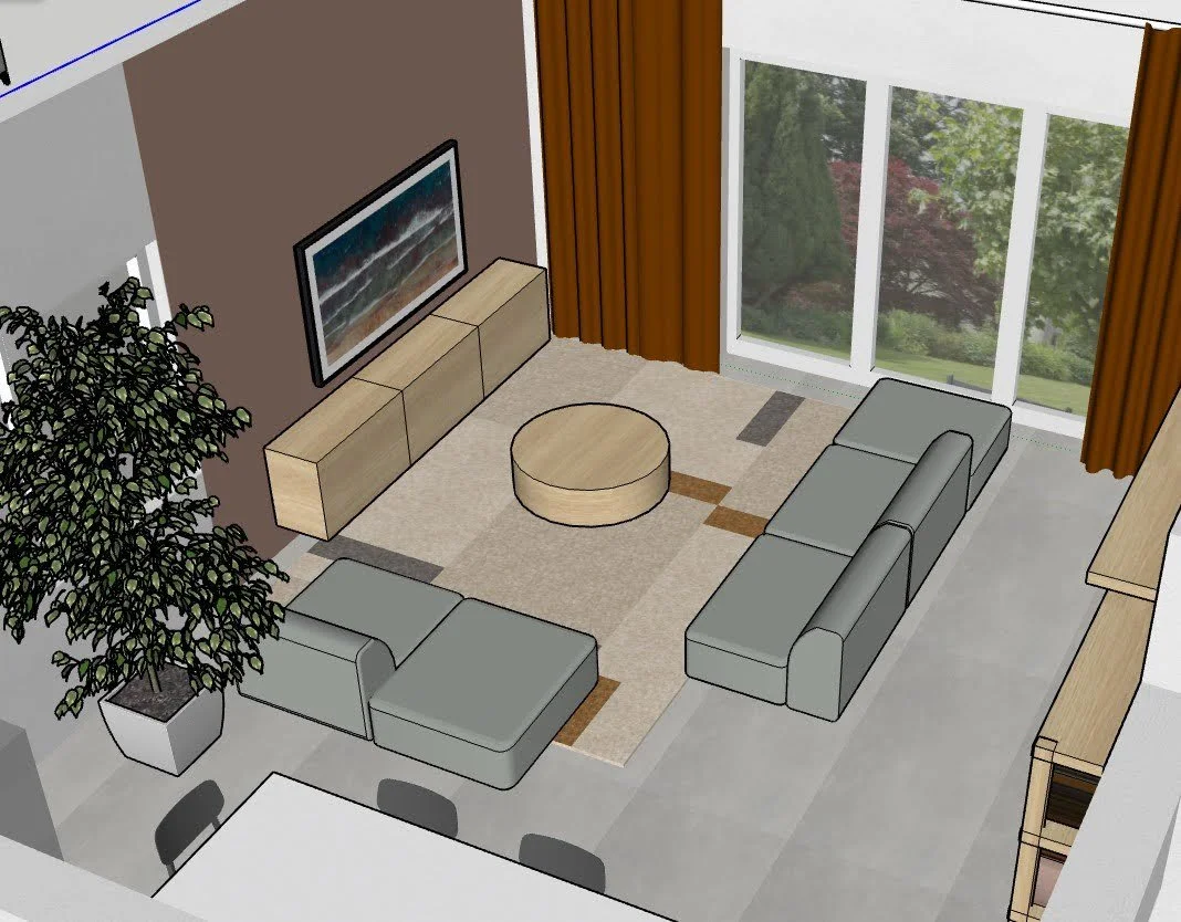 A modern living room with two gray sofas, a round coffee table, a large abstract painting on the wall, a wooden cabinet, a potted plant, and large windows with orange curtains overlooking a garden.