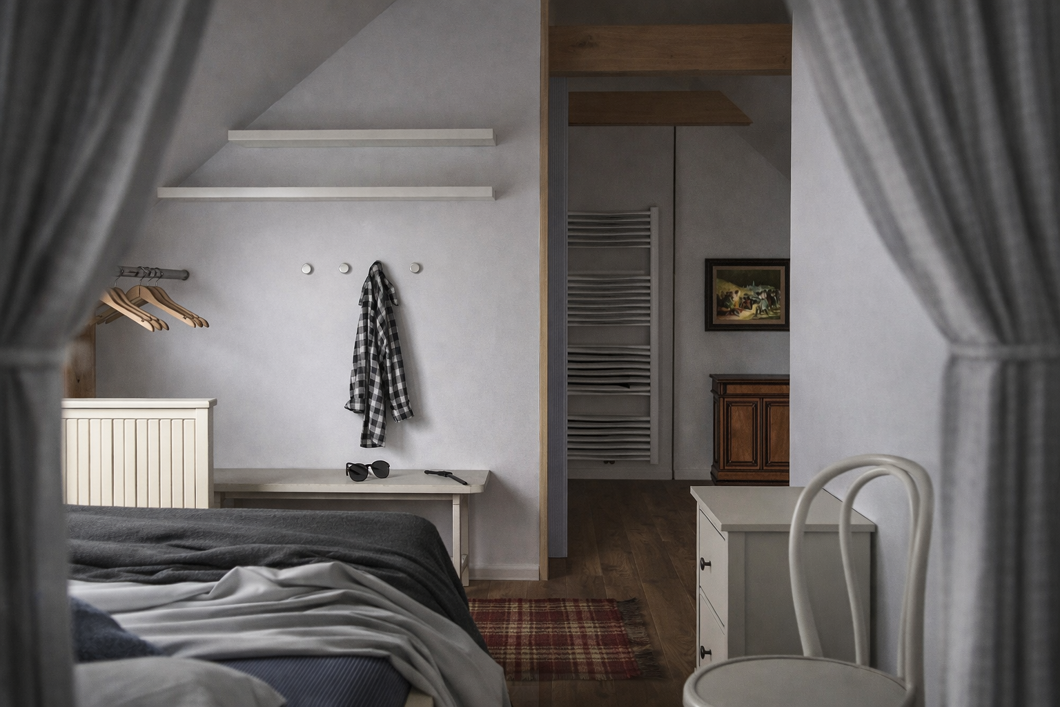 A bedroom viewed through blue and white curtains, with a bed partially visible in the foreground, a small white table with sunglasses and a pocket knife on it, hanging clothes and a plaid shirt on hooks on the wall, a white chair, a wooden dresser, a