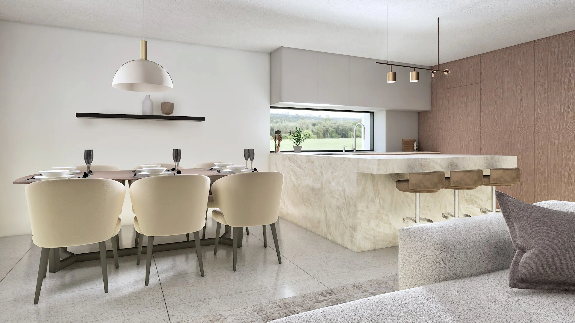 Modern open-concept kitchen and dining area with a cooking island, bar stools, dining table with six chairs, and minimalistic decor.