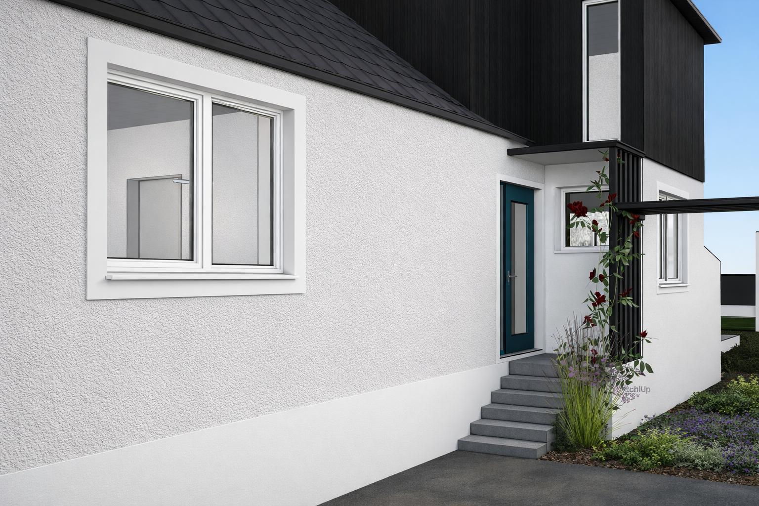 Modern house exterior with white textured walls, black upper section, blue front door, and stairs leading up to it, with plants and garden at the base of the steps.
