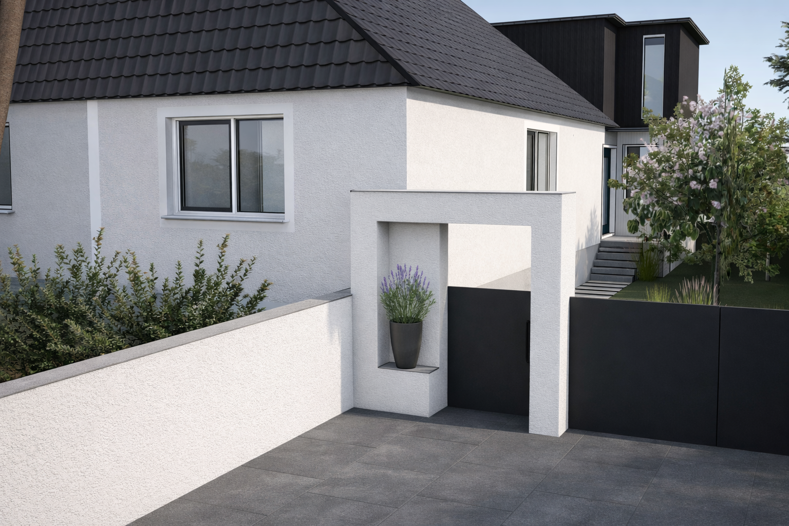 Modern white house with black roof, black door, and patio, with potted lavender plant and surrounding greenery.