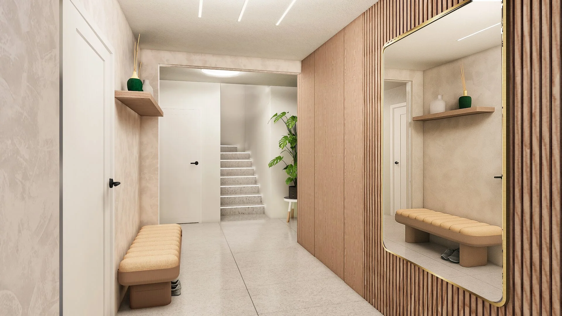 Modern entryway with a beige padded bench, a mirror with a gold frame, wooden wall paneling, two white doors, a small wooden shelf with decorative vases, and a staircase with a potted plant nearby.