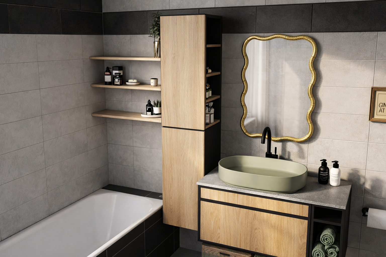 Modern bathroom with gray tiled walls, a bathtub, a wooden cabinet, open shelves with toiletries, a black-framed mirror with a gold wavy border, a green oval sink on a gray countertop, and two soap dispensers.