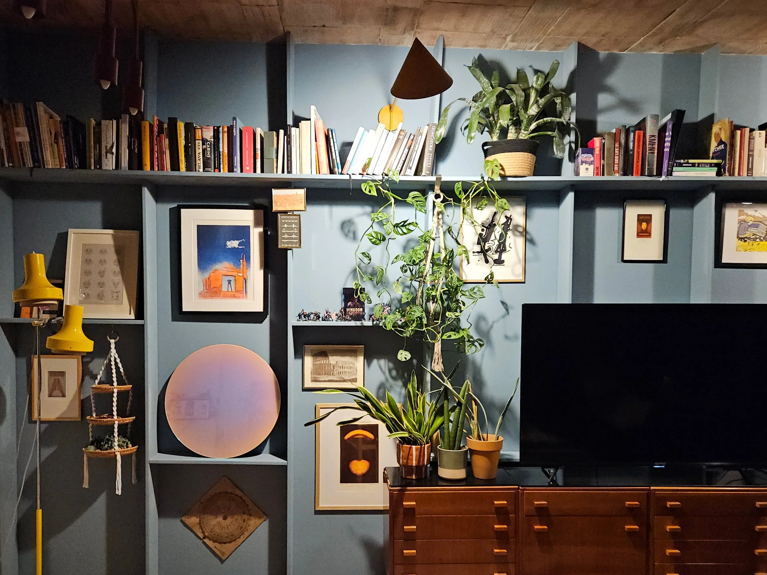A wall with blue shelving filled with books, framed pictures, plants, and decorative items. There are green plants on top and in front of the shelves, a large television, and a wooden cabinet below.