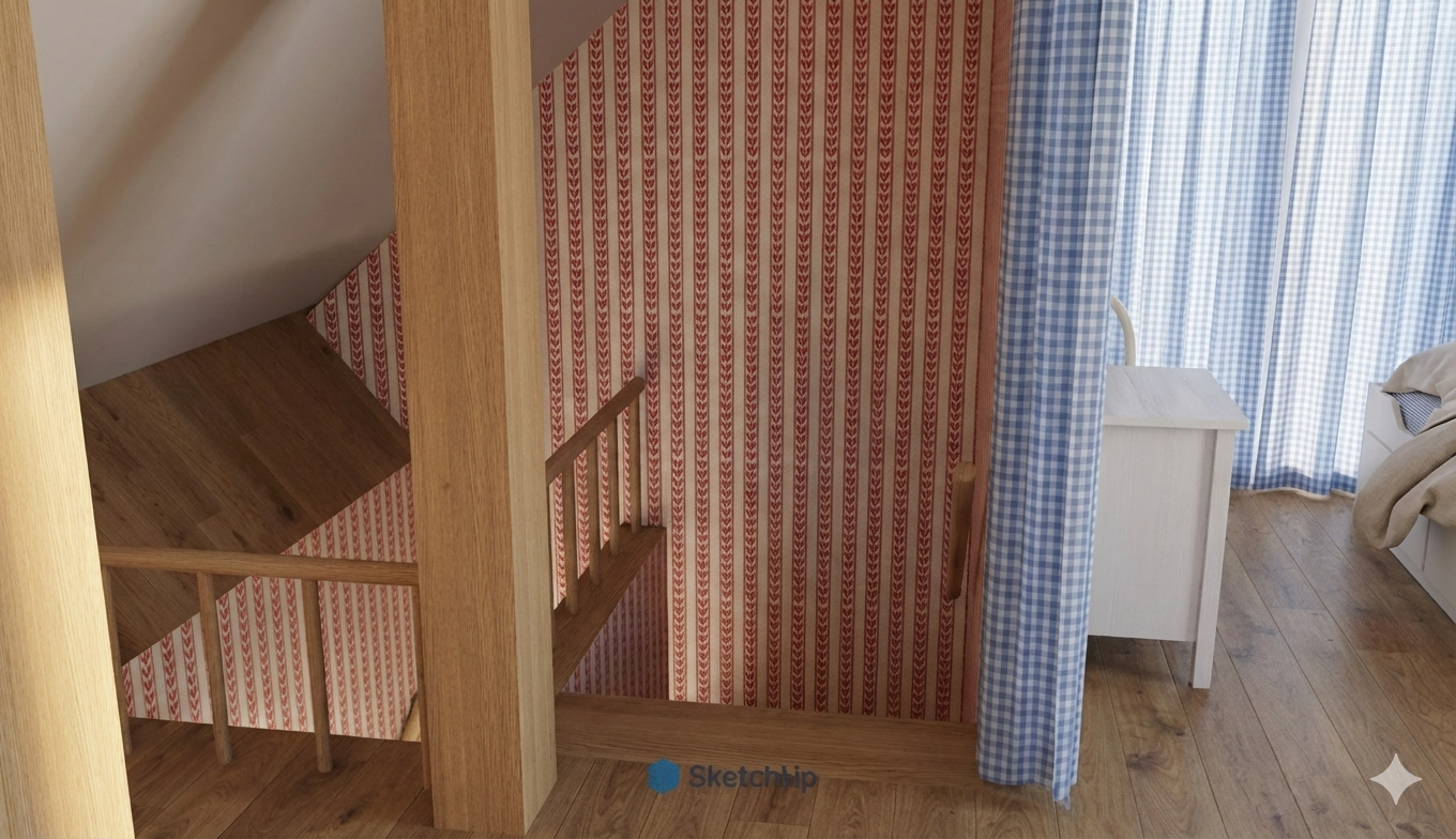 Interior view of a cozy room with wooden stairs, a small white side table, and patterned curtains with blue gingham on the right side. The room has wood flooring and a red and white striped wall.