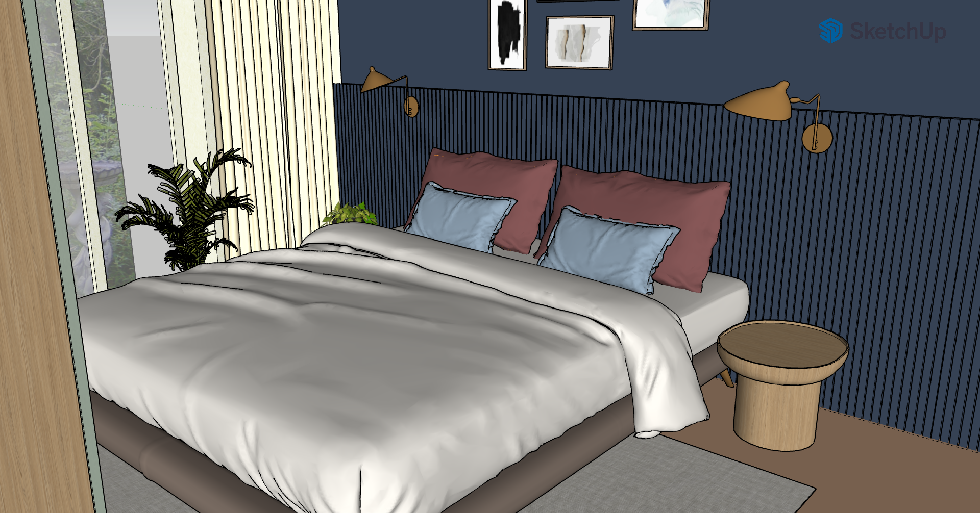 A bedroom with a bed, blue and rust-colored pillows, a wooden nightstand, wall-mounted reading lamps, framed artwork, a large window with curtains, and potted plants.
