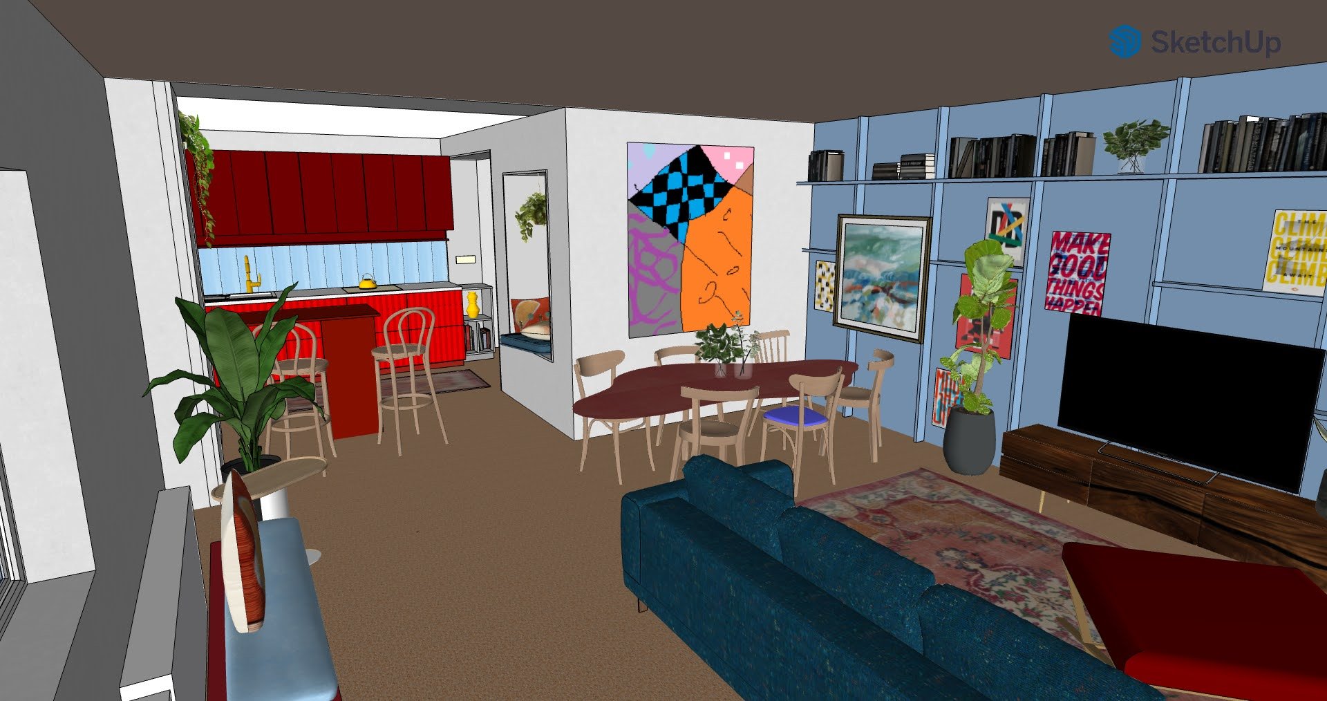 A living room with a blue sofa, a wooden TV stand with a large TV, a tall plant in a black pot, a large colorful wall art, and a bookshelf with books and decor. There is a dining table with chairs, and a kitchen area with red cabinetry and bar stools