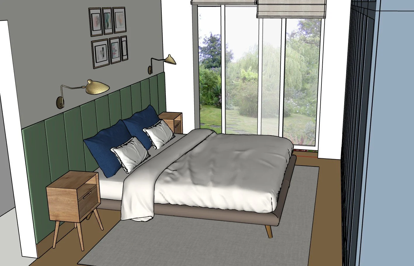 A modern bedroom with a large bed with white and blue pillows, green headboard, wooden nightstands, wall-mounted reading lamps, and large sliding glass doors overlooking a garden.