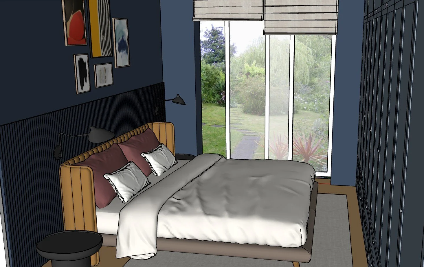 A digital rendering of a modern bedroom with a large window showing a garden outside. The room has a bed with white and maroon pillows, a wooden headboard, and a gray bedspread. There are black wall-mounted reading lamps on either side of the bed, a 