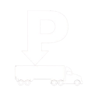 Black background with a white letter "P" and an arrow pointing down into a delivery truck icon.