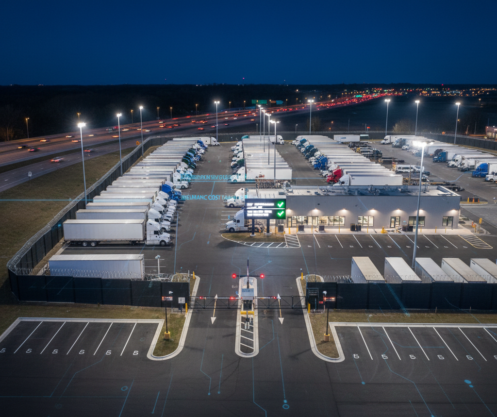 24/7 secure truck parking facility with gated access and surveillance lighting.