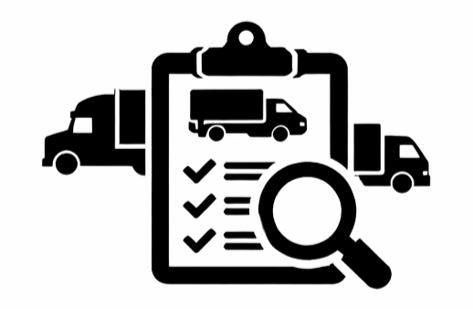 Icon of a clipboard with a magnifying glass and checkmarks, surrounded by two delivery trucks.