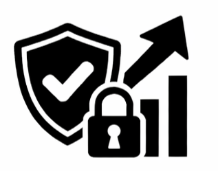 A shield with a check mark, a padlock, and an upward trending bar graph with an arrow symbolizing security and growth