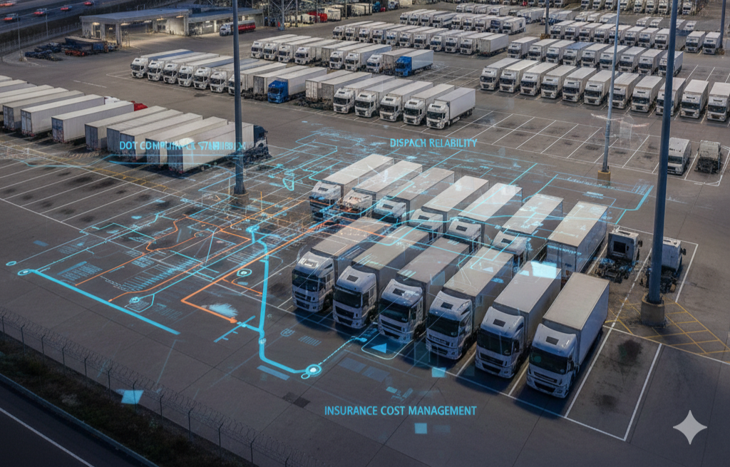 Secure commercial truck parking facility with organized trailer spaces and technology-enabled fleet operations.