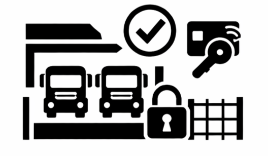Parking lot security icons including a parking space, checkmark, security camera, key, lock, and gate.