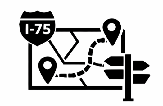 Map illustration showing a route along I-75 with destination markers and directional signs.