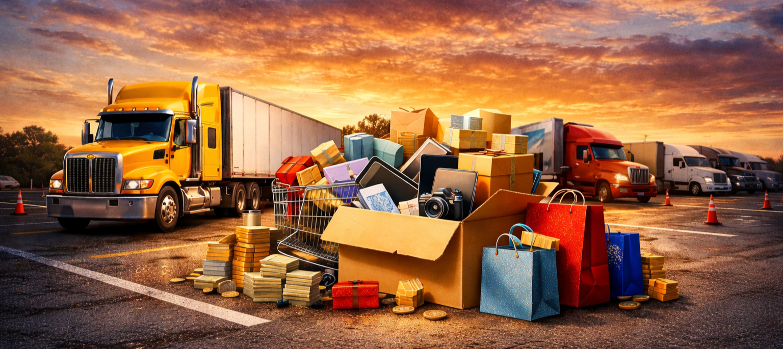 A parking lot at sunset with trucks, and a large pile of shopping bags, boxes, and coins in the foreground.