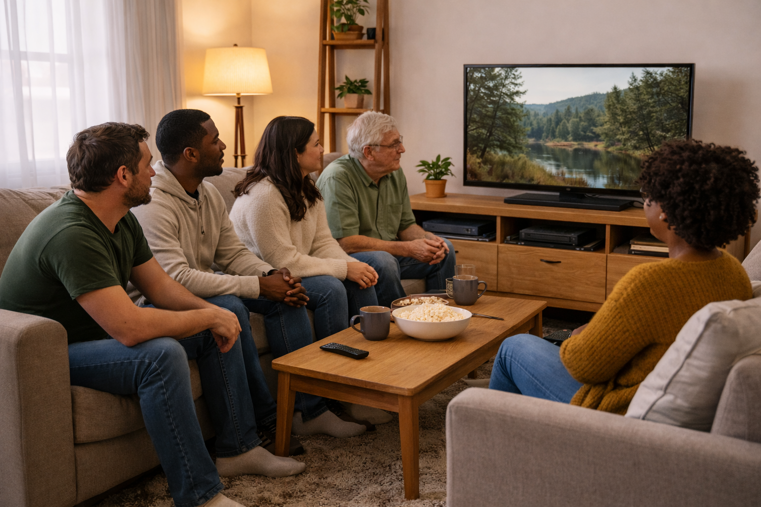 Shared living room with residents relaxing together in a comfortable home environment