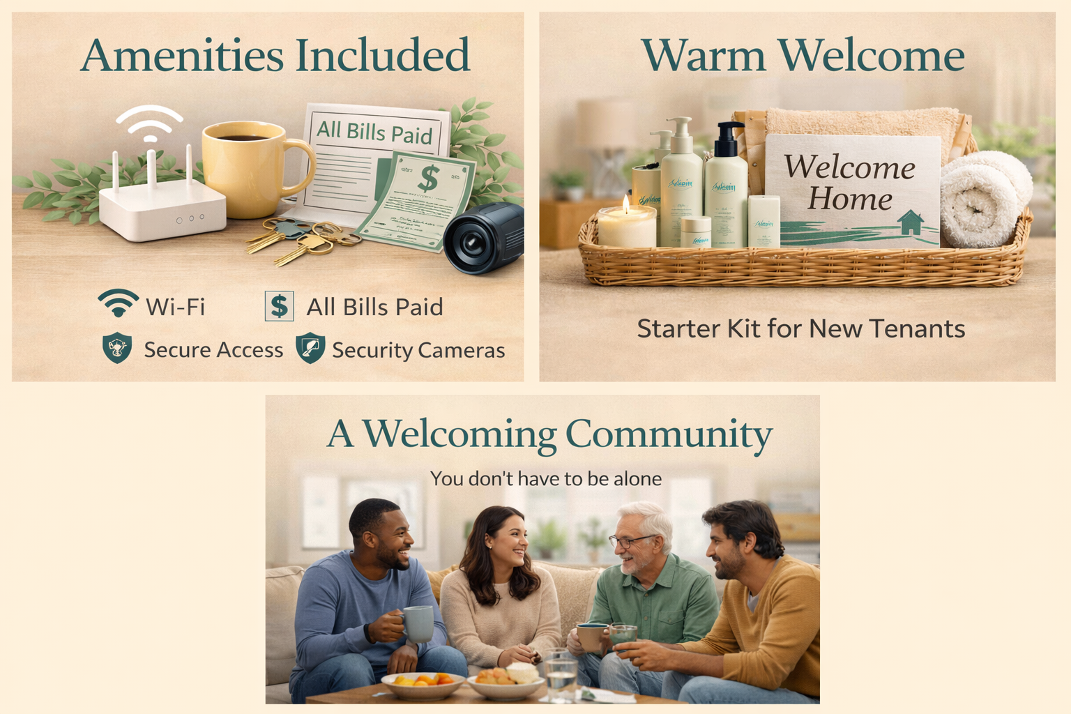 Shared housing amenities including Wi-Fi, utilities, secure access, and community living