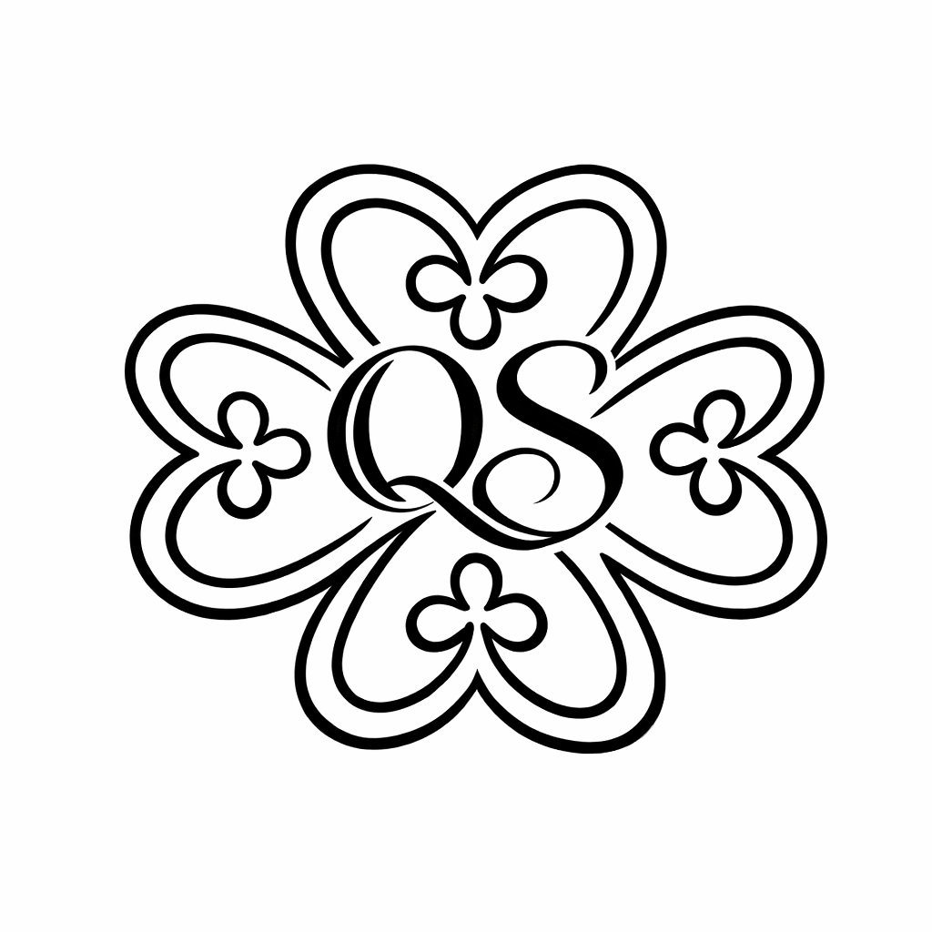 A stylized flower with hearts and the letter 'O' in the center.