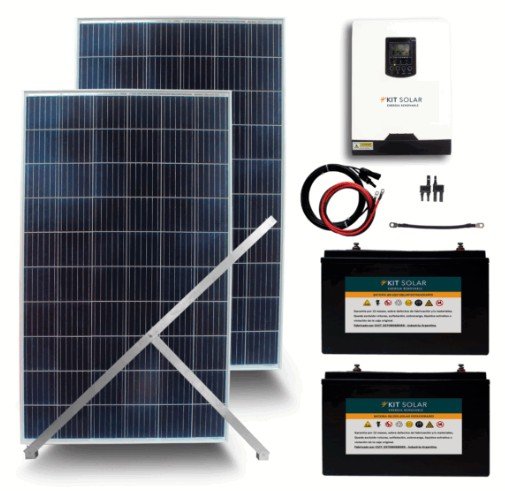 Paneles solares, inversor, cables, y baterías de un sistema de energía solar