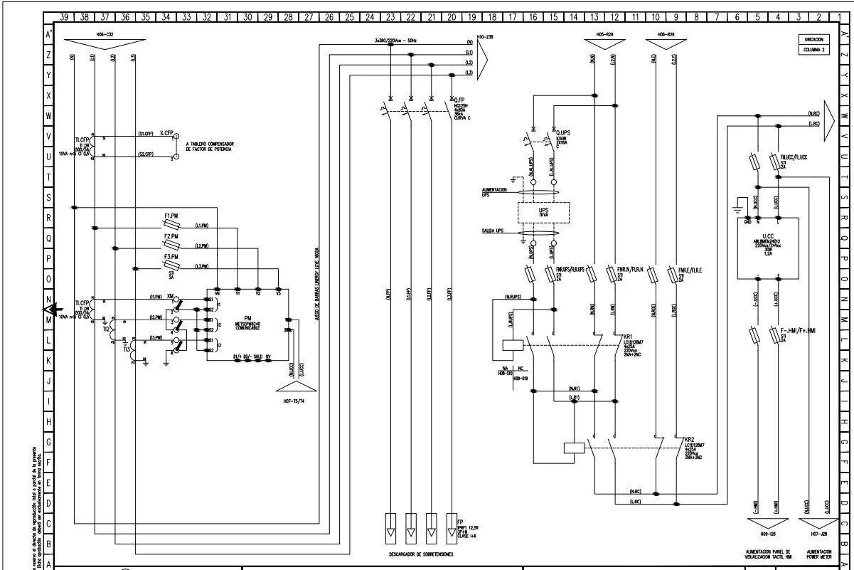 Diagrama eléctrico técnico con componentes, conexiones, y símbolos para un sistema de control y alimentación eléctrica.