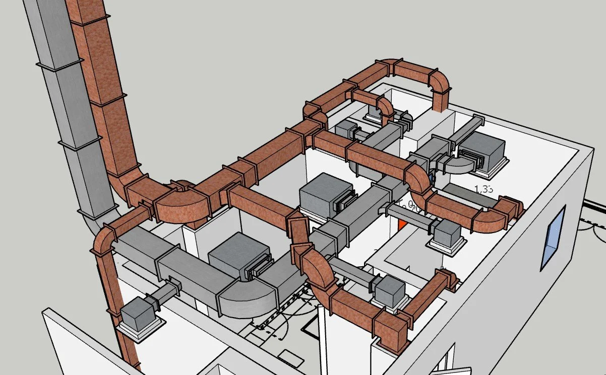 Dibujo técnico de un sistema de ductos y unidades de aire acondicionado en un techo de un edificio.
