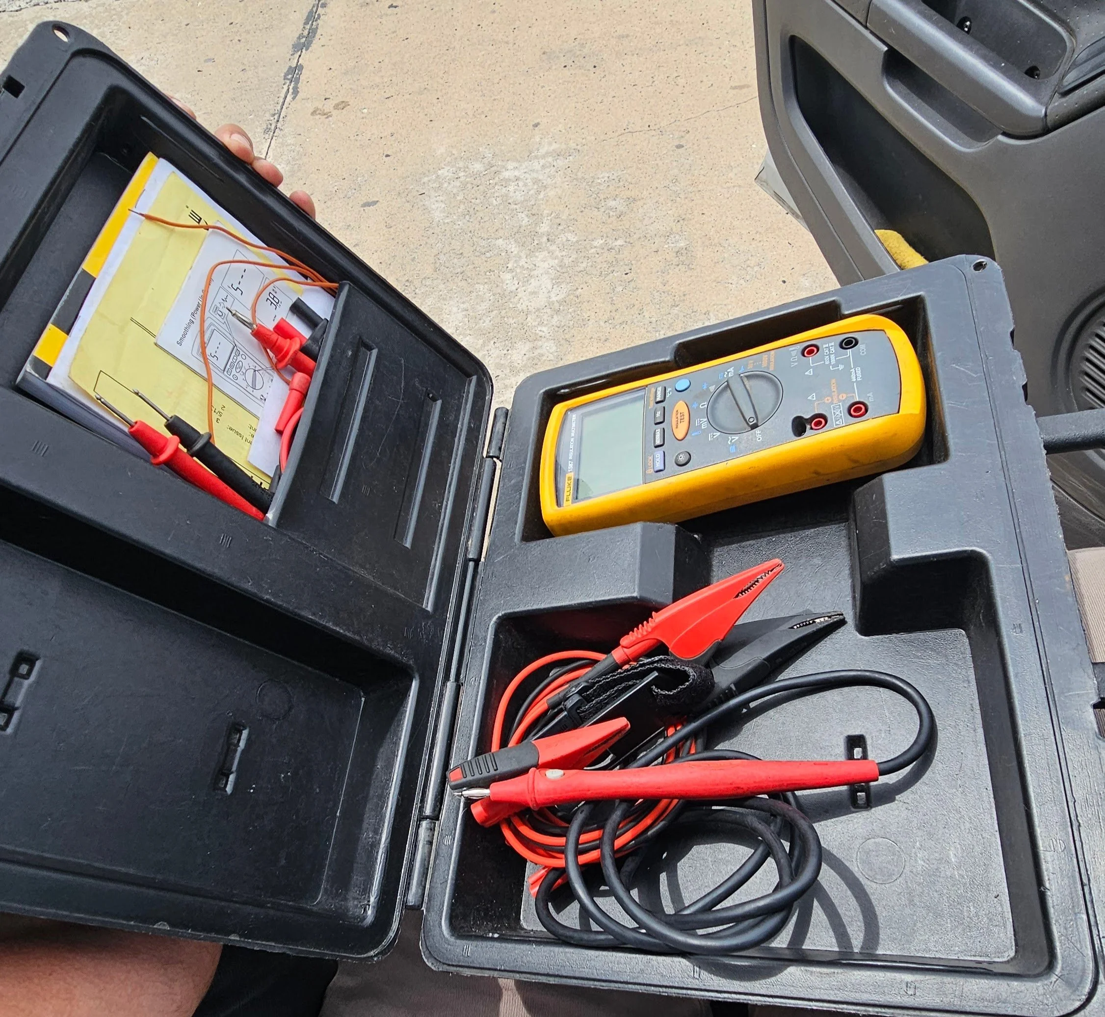 Un multímetro amarillo en un estuche negro, con cables y pinzas incluidos, colocado sobre una superficie de trabajo, posiblemente para realizar mediciones eléctricas.