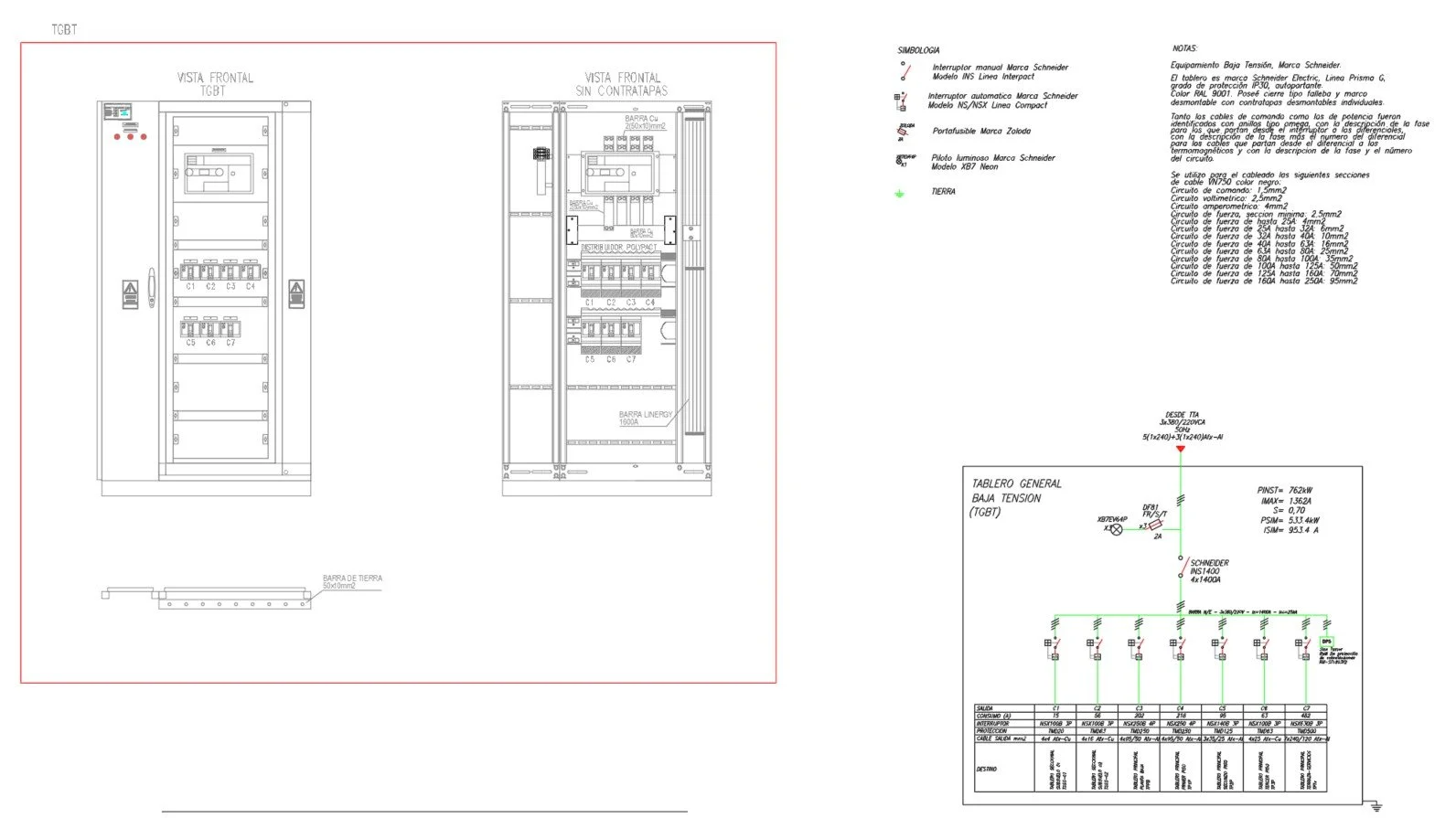 Esquema técnico de un panel eléctrico de baja tensión, con diagramas y descripción de componentes y cableado, incluyendo conexiones, interruptores y fusibles.