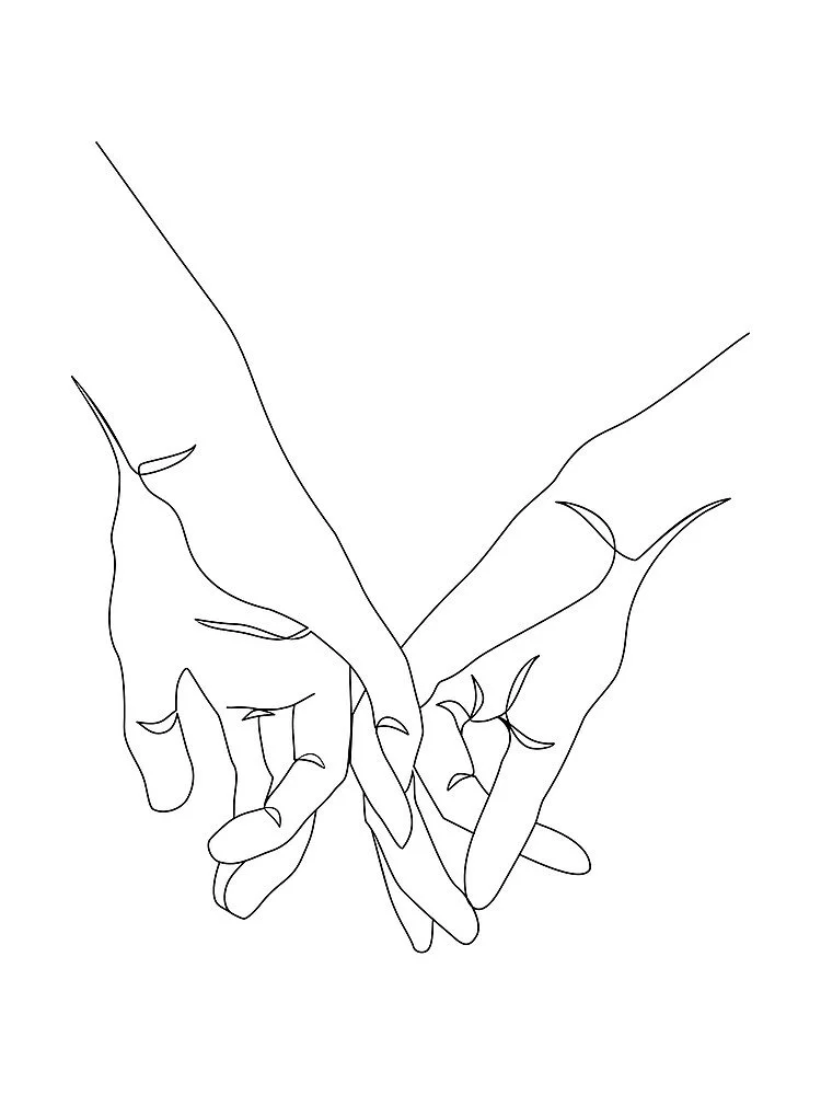 continuous, one line drawing of two hands reaching out with their pinky fingers intertwined