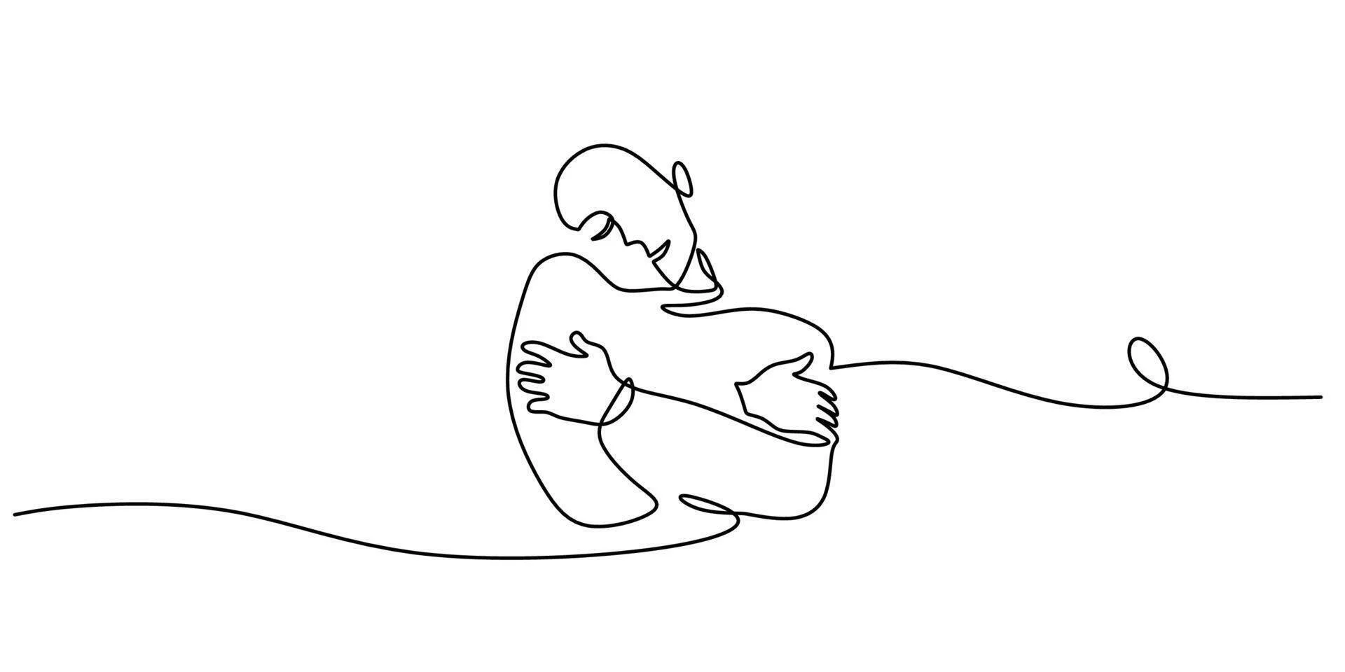continuous one line drawing of person holding and hugging themselves with head leaned slightly to the side, feeling comfort