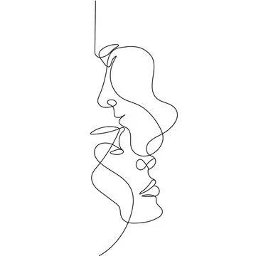 one line drawing of two faces, positioned one on top of the other, looks of love and longing on their faces