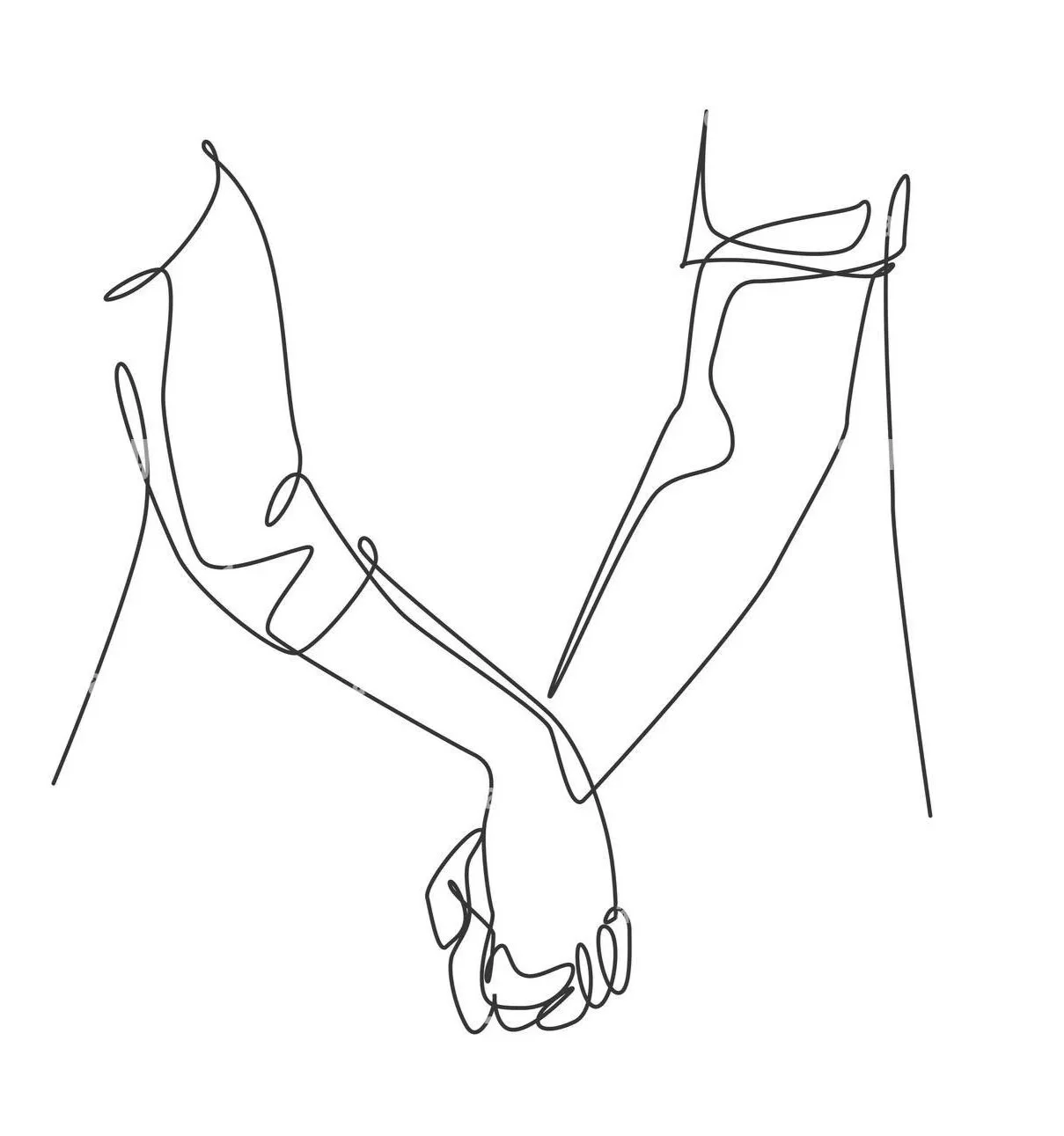 continuous, one line drawing of two adult hands holding each other, showing love and care