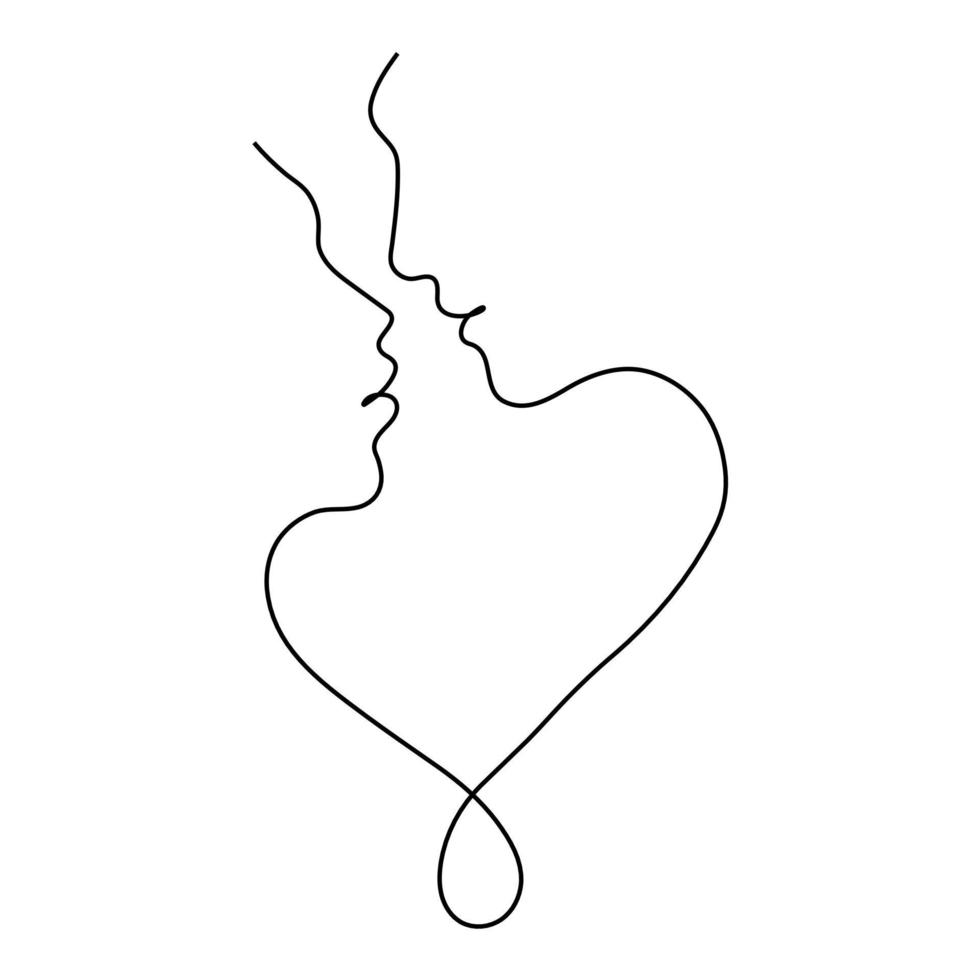 Line art illustration of a couple facing each other with their noses close, forming the shape of a heart.