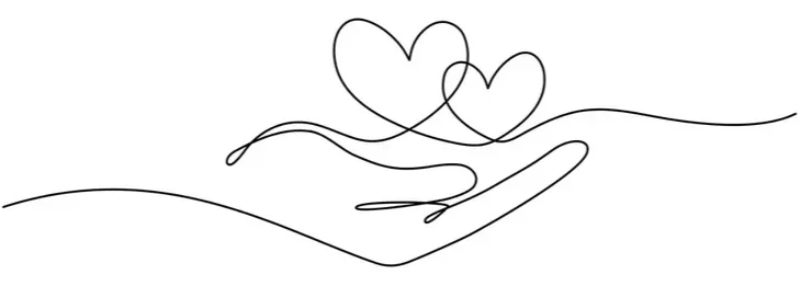 Continuous line drawing of hand holding two connected hearts