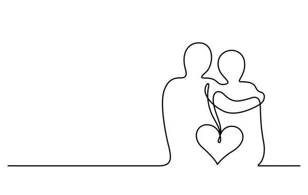 continuous one line drawing of two figures, seated with backs to you, leaning into to eachother with arms around one another