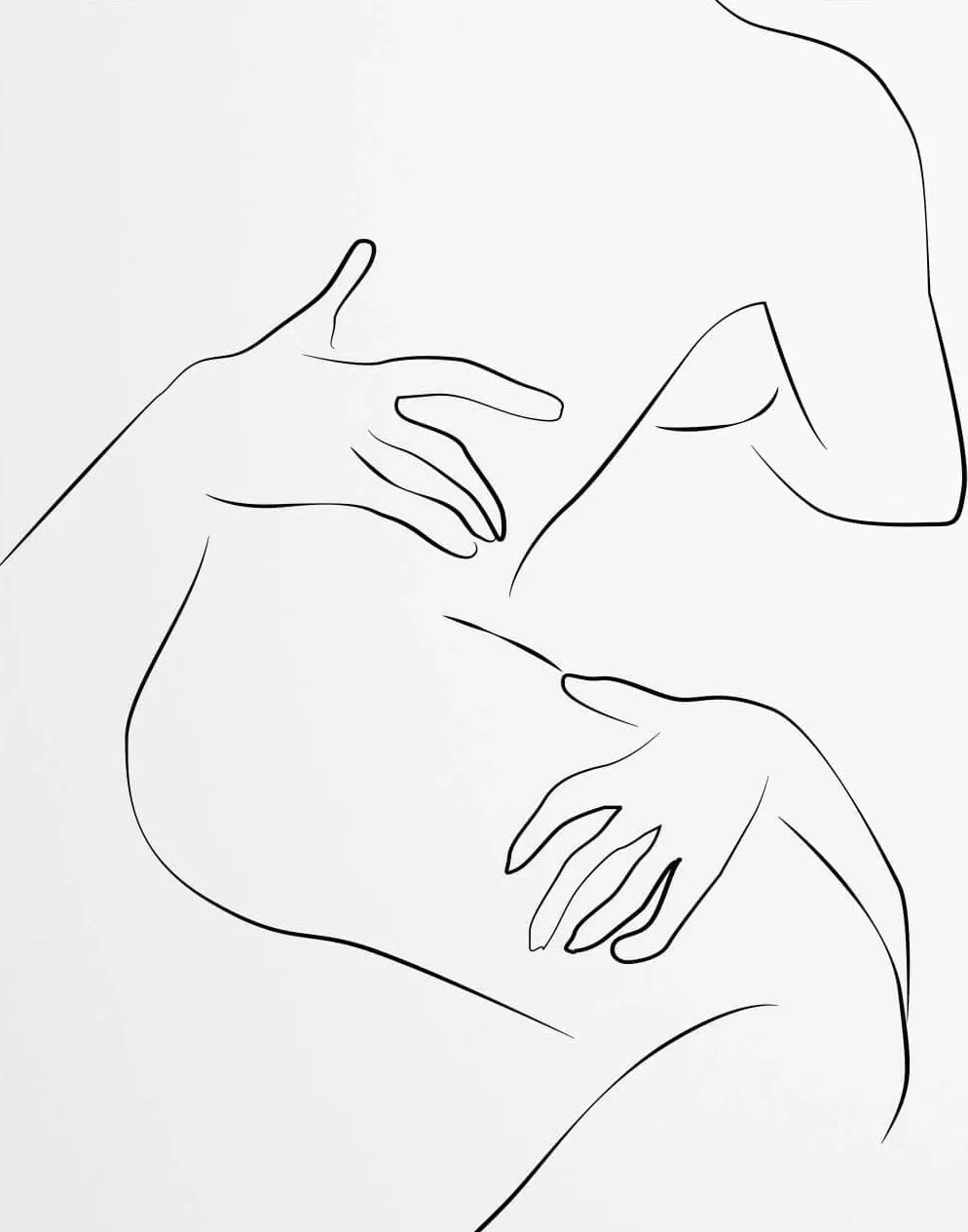 line drawing of two bodies, with hand on the lower back and upper thigh of one body and body being held has arms wrapped around the other