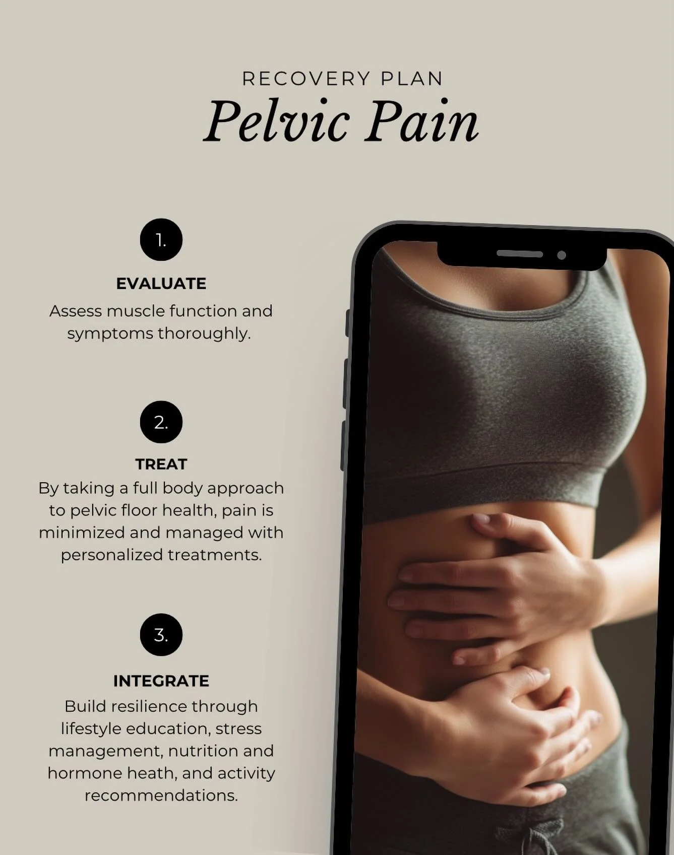 Pelvic pain can come in many forms. Pain with menstruation, sexual function, dietary changes, etc. requires a medical evaluation to determine if the root cause is systemic or local to the pelvic region. Often a recurring or chronic pain pattern will 