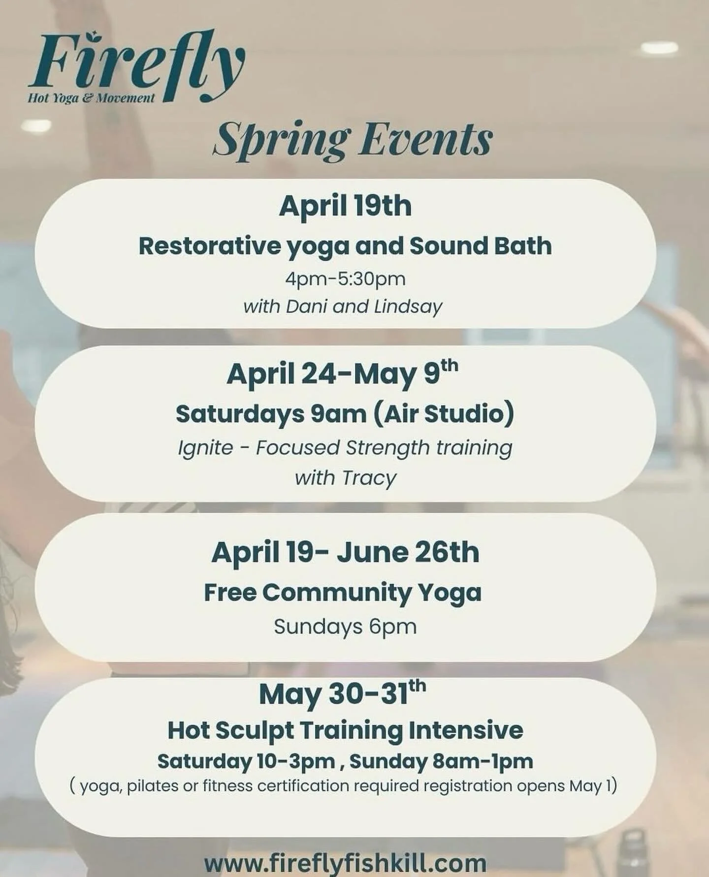 I will be hosting 6 week Strength Training series at Firefly Hot Yoga in Fishkill. We will focus on building knowledge and improving technique for functional strength training moves to hit all the major muscle groups and give you a full body workout.