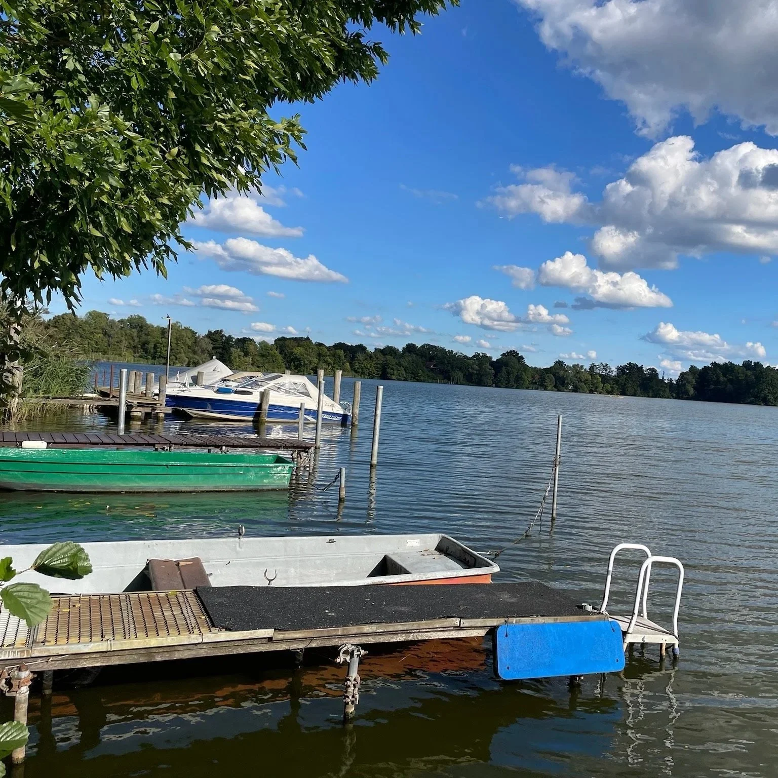 Ein ruhiger See mit mehreren befestigten Bootsanlegern, umgeben von grünen Bäumen und einem blauen Himmel mit weißen Wolken.