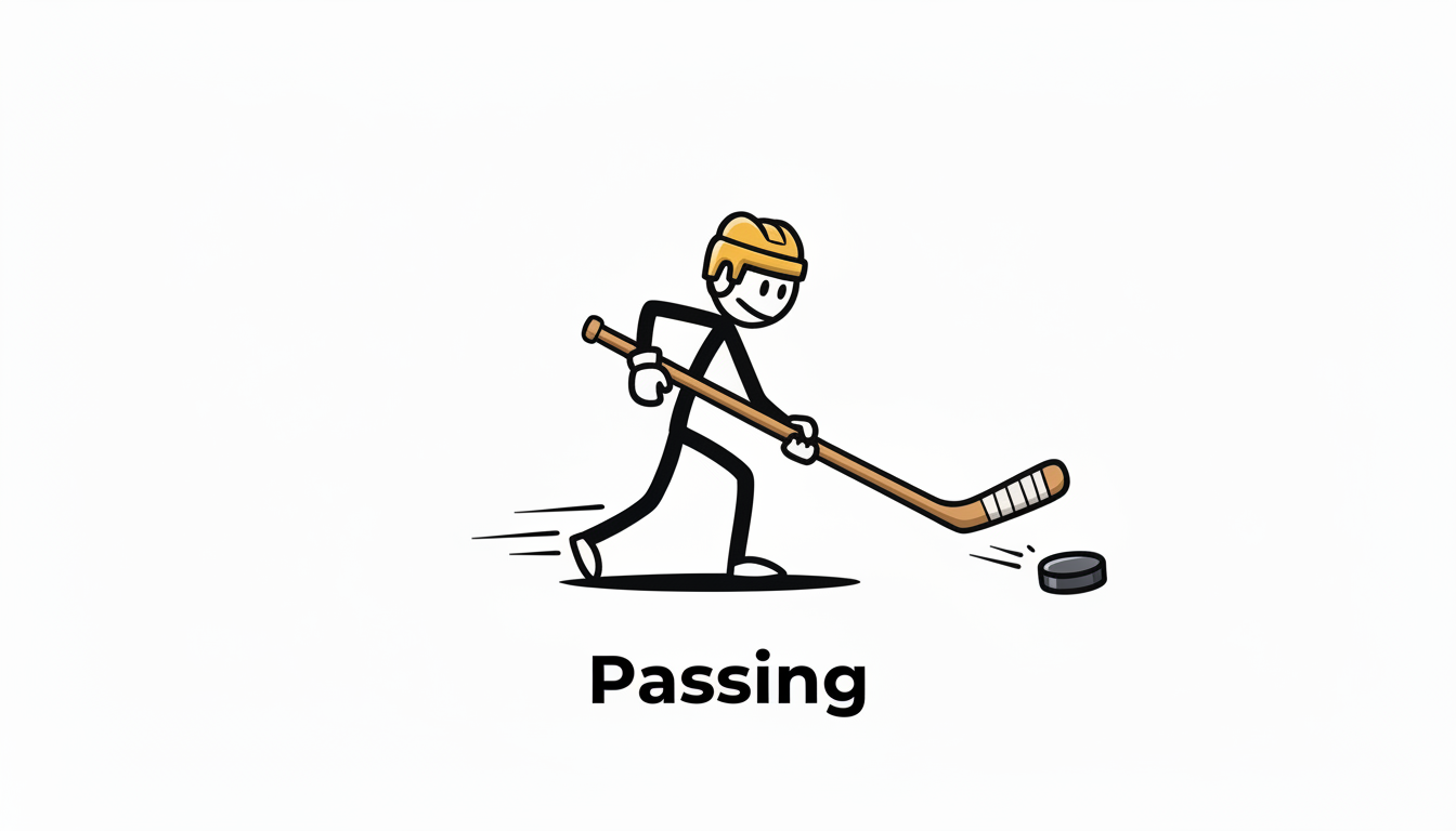 Illustration of a person playing hockey, passing a puck with a hockey stick, wearing a helmet, with the word 'Passing' below.