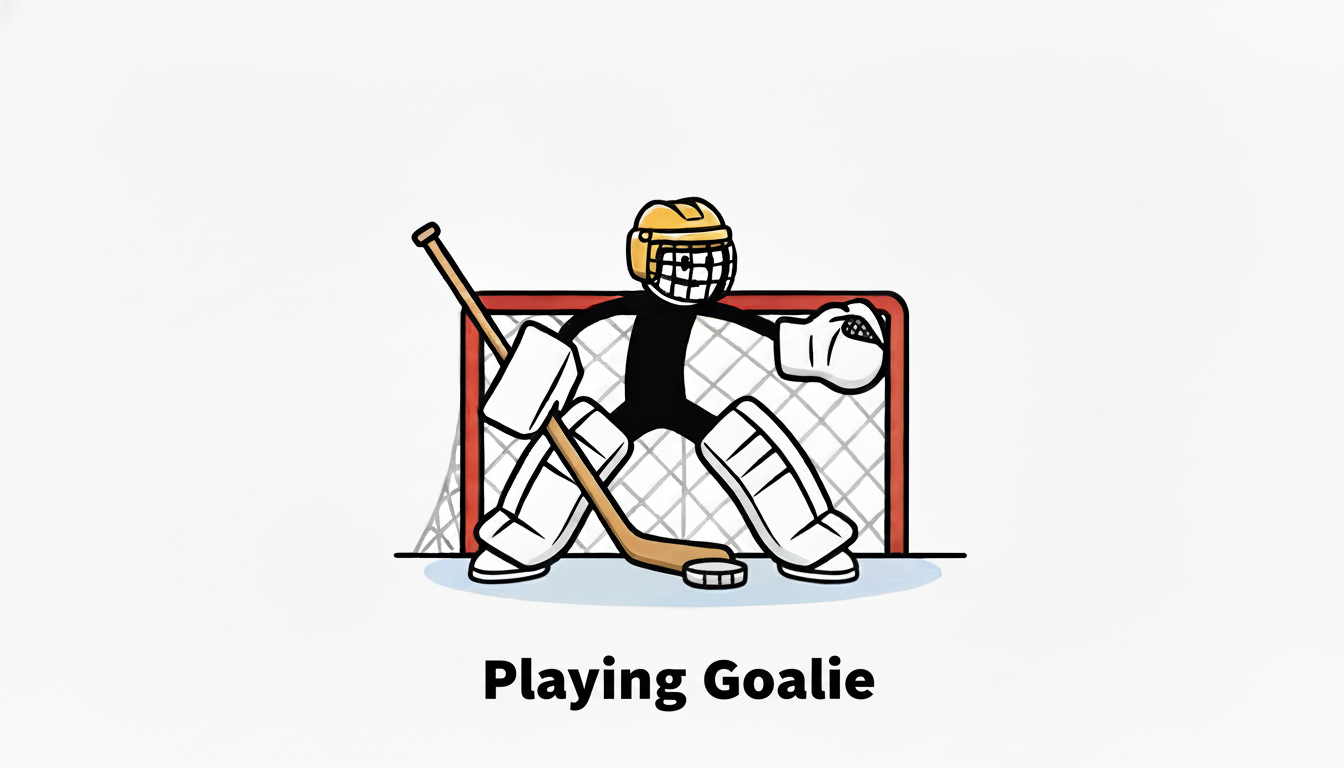 Cartoon image of a hockey goalie in full gear standing in front of a goal, holding a hockey stick, with the caption "Playing Goalie."