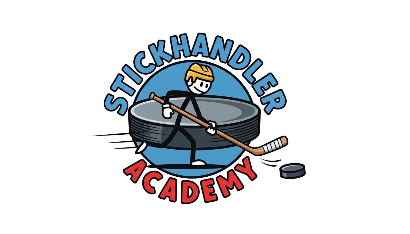 Logo for Stickhandler Academy featuring a cartoon stick figure wearing a helmet, holding a hockey stick, standing on a hockey puck, with hockey equipment and a puck nearby.
