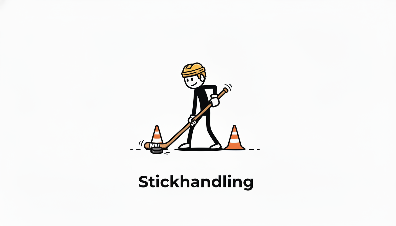 Illustration of a person wearing a helmet and stickhandling a puck between two orange traffic cones, with the word 'Stickhandling' below.