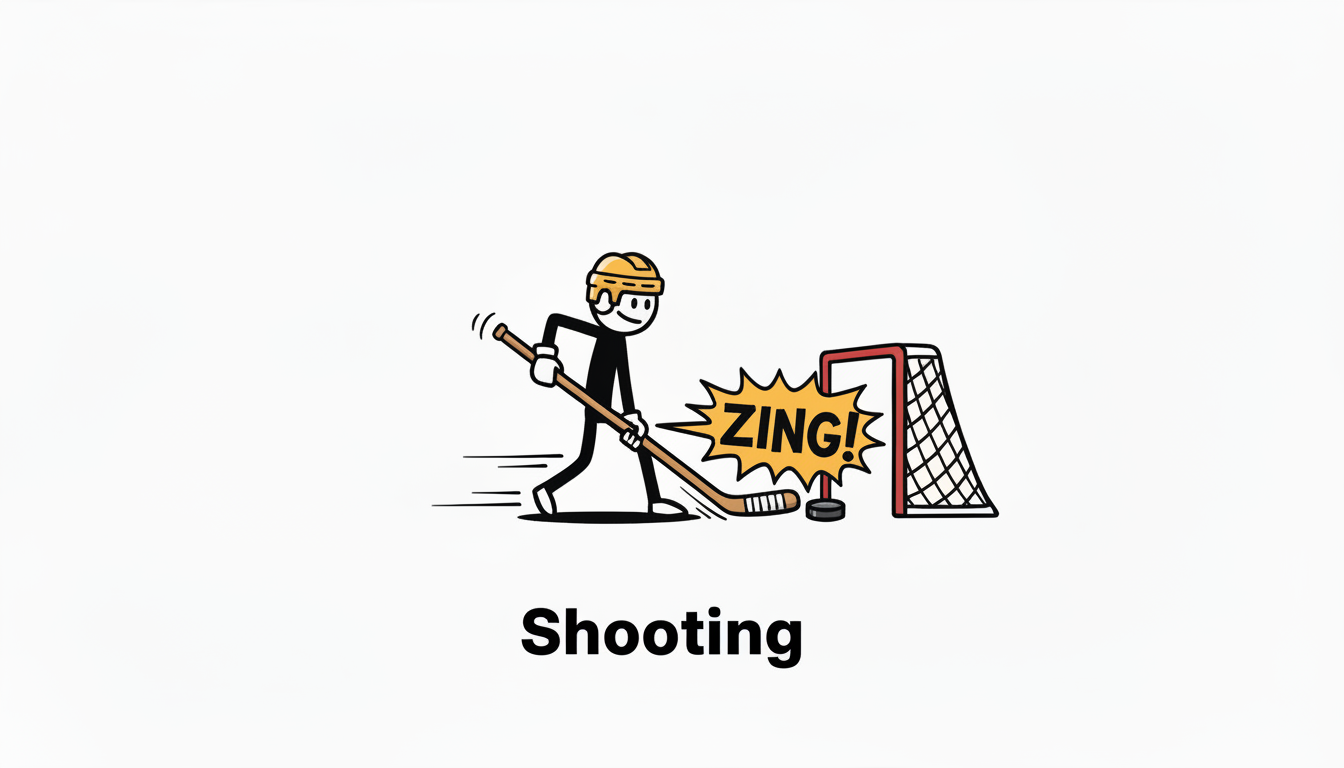 Cartoon of a hockey player shooting the puck towards the net with a "ZING!" sound effect.