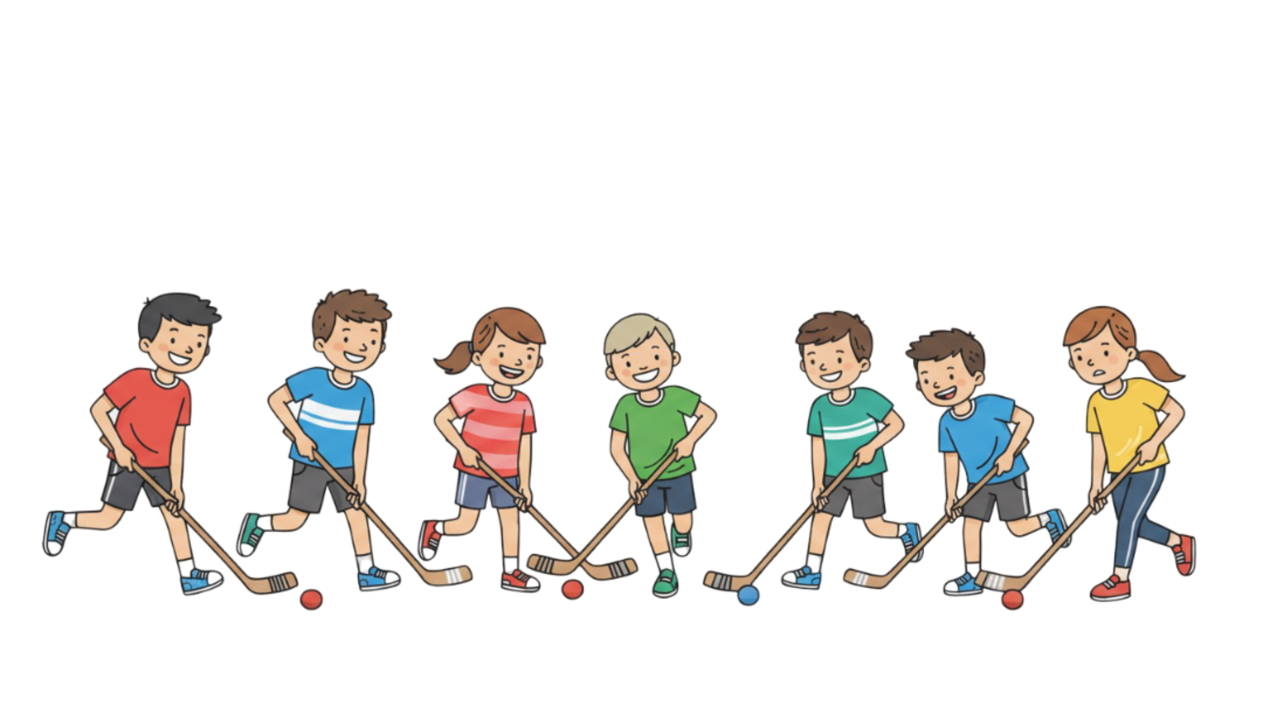 Group of children playing field hockey together, holding hockey sticks, standing in a line, smiling, outdoors on grass.