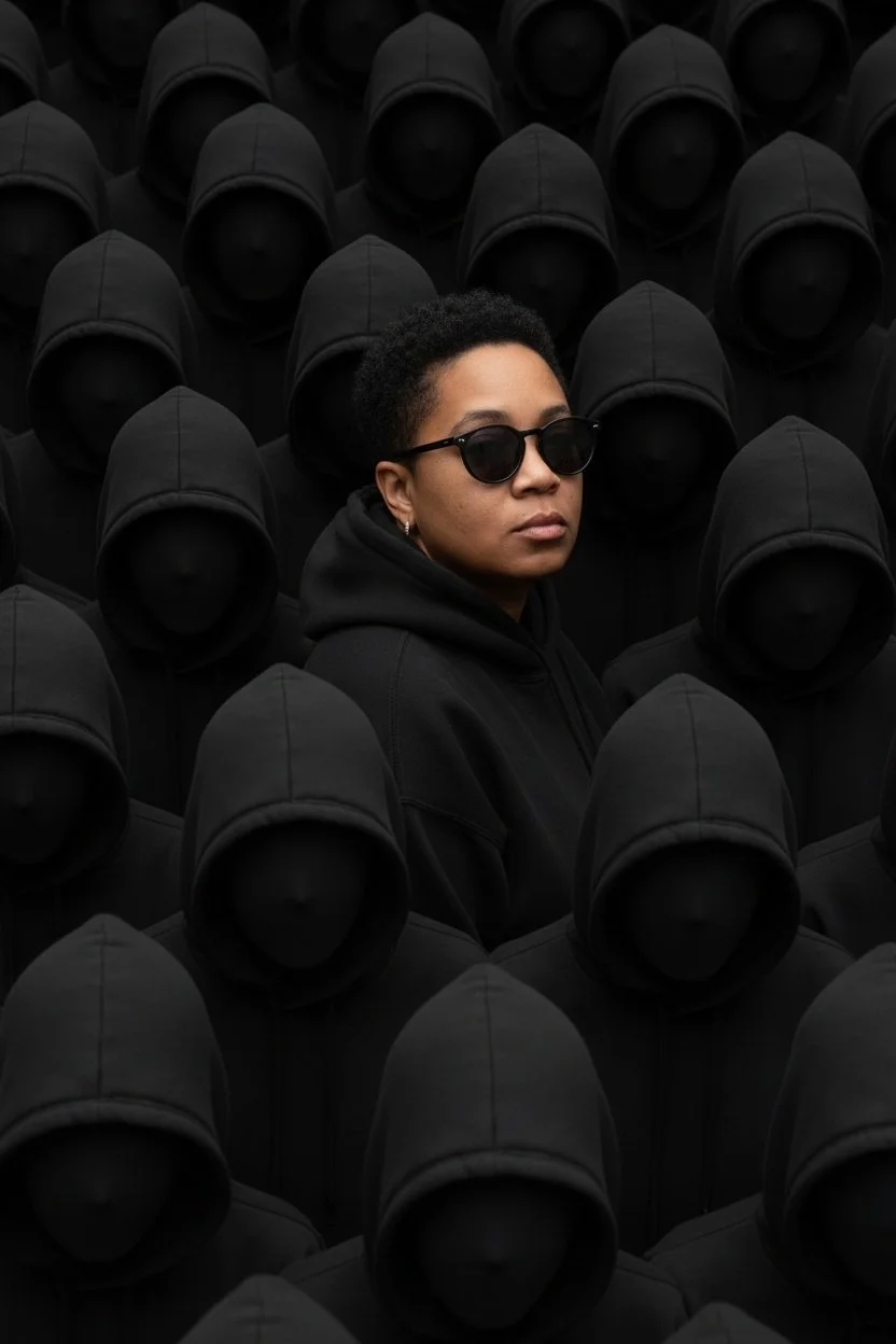 A woman with short curly hair wearing sunglasses and a black hoodie is surrounded by numerous faceless individuals in black hooded sweatshirts with hoods up, creating a dark, mysterious atmosphere.